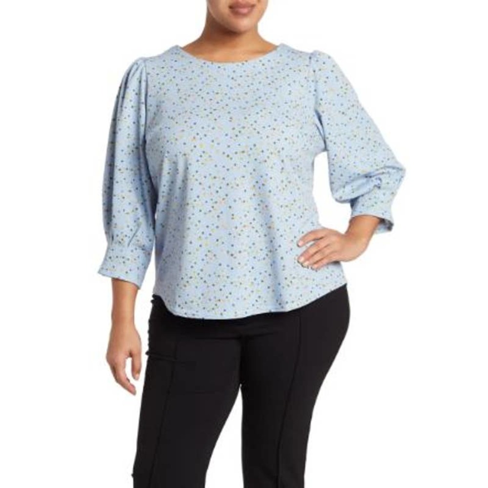 Melloday Blue Multi Dot Scoop Neck Long Sleeve Floral Print Top NWT Size Medium